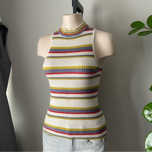 Moth Linen Blend Sleeveless High Neck Sweater Striped Size Small ANTHRO - Picture 3 of 7